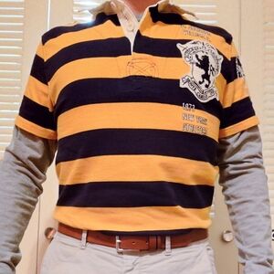 Vintage Scotch & Soda Striped Rugby Polo Yellow Gray L Large Double Layer